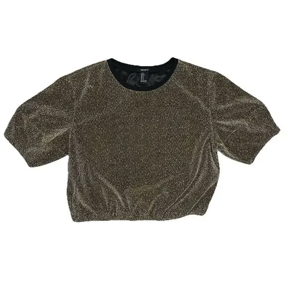 Forever 21 Gold Shimmer Puff Sleeve Crop Top Dress Shirt Size S Sparkle Glam - Picture 9 of 12